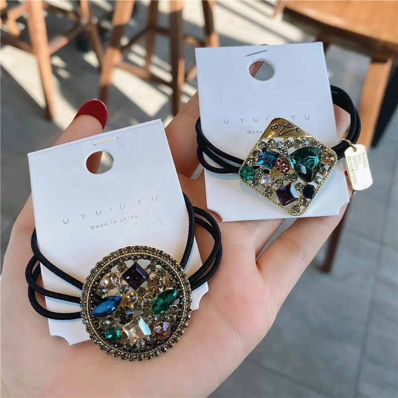 G.T 2022 Custom wholesale Korean Style Luxury Multicolor Crystal Diamond Stone Elastic Black Hair Ties With Gold Metal For Girl