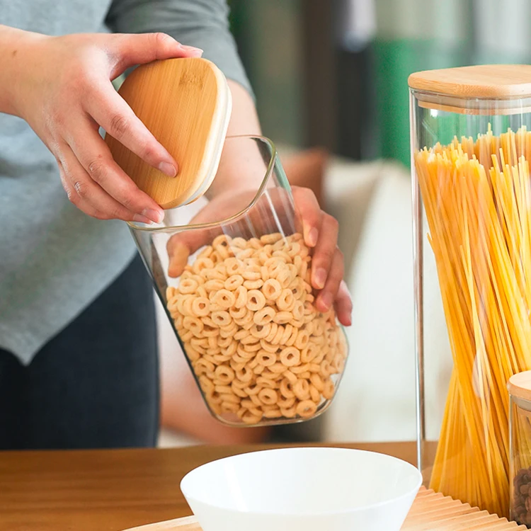 custom high borosilicate glass food storage jars containers bamboo lids kitchen canister with wooden lids set