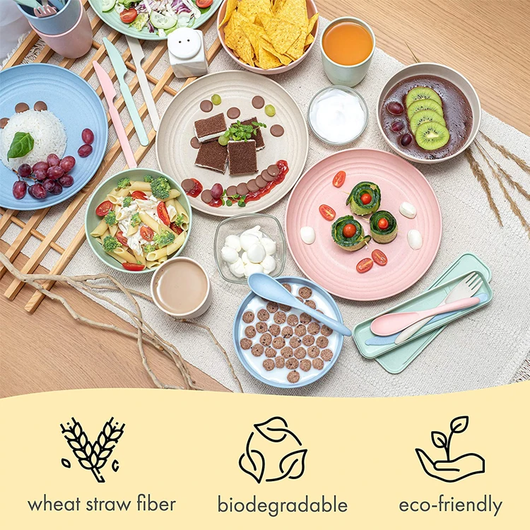 Hot Sale Reusable Wheat Straw Dinnerware Sets 28pcs Tableware Wheat Straw Kid Wheat Straw Dinnerware Set