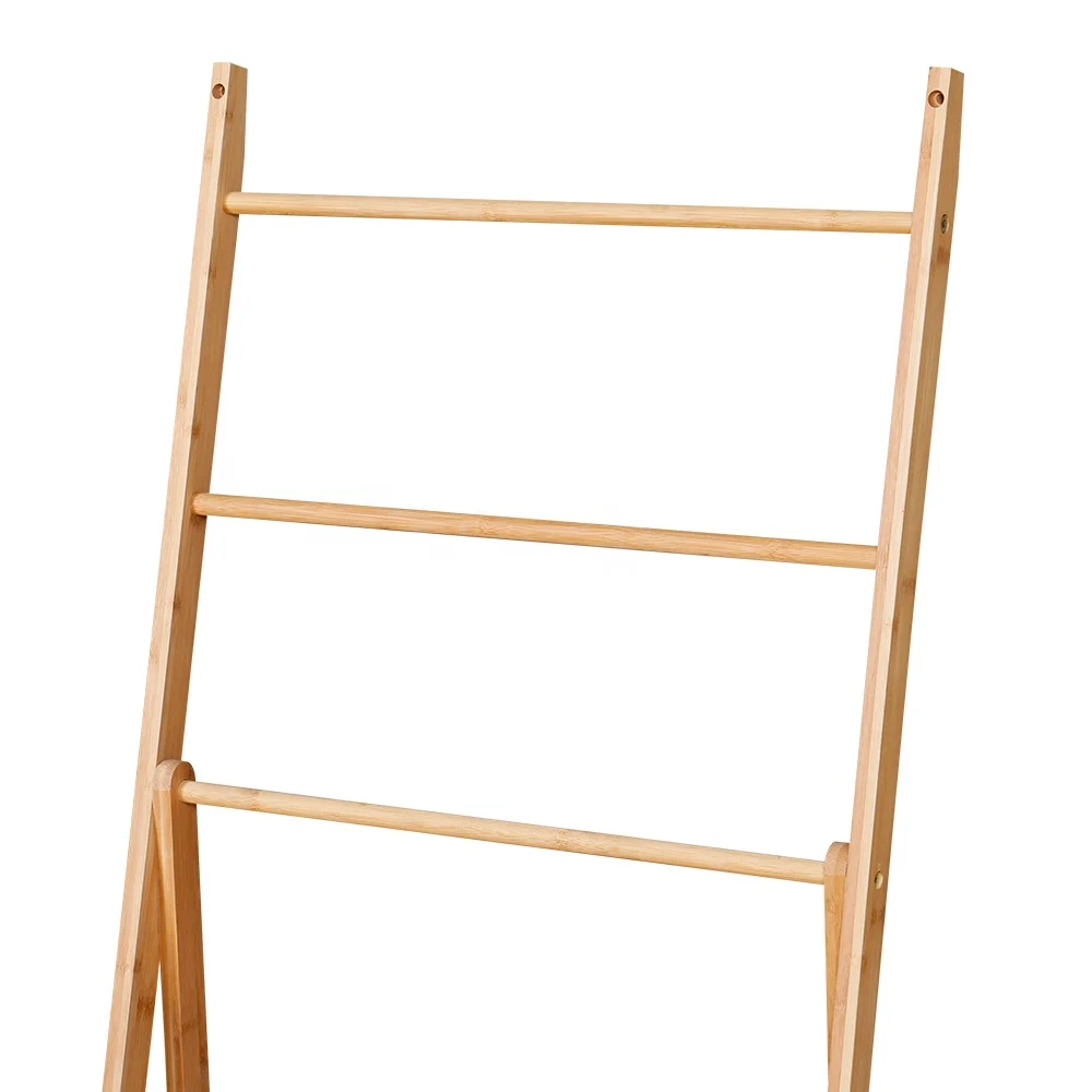 OEM free standing bamboo wood folding hanging ladder shelf towel rack