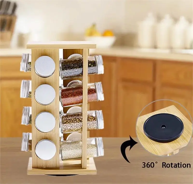 Kitchen 16 Bottle Spice Rack Rotation Spice Organizer Countertop Rack Custom Revolving Bamboo Spice Rack