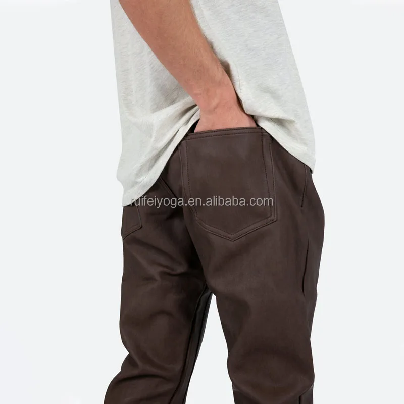 OEM Custom Logo Fashion Casual Sweat Jogger Pants Stacked Washed PU Vegan Leather Flare Denim Pant For Men