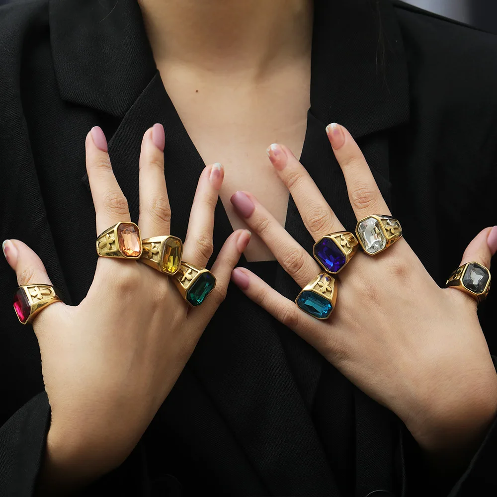 HipHop Church Religious Christian Ring Jewelry Punk Stainless Steel Jerusalem Cross Ring with Red Gemstone Gems for Women Men