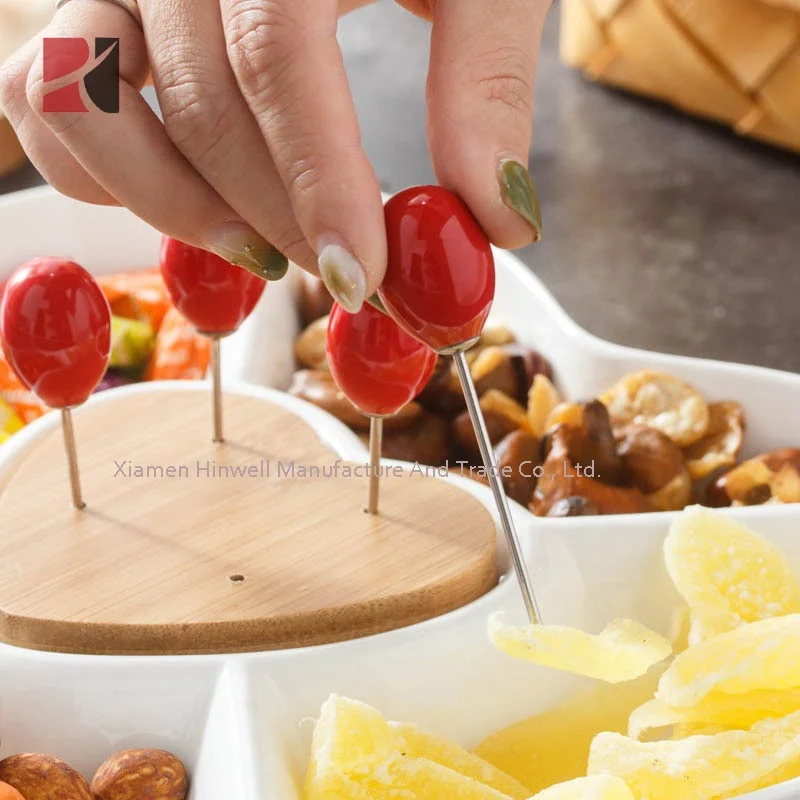 Decorative Wedding White Ceramic Appetizer Serving Platter Tray Nut Fruit Plate with Food Picks and Wood Holder