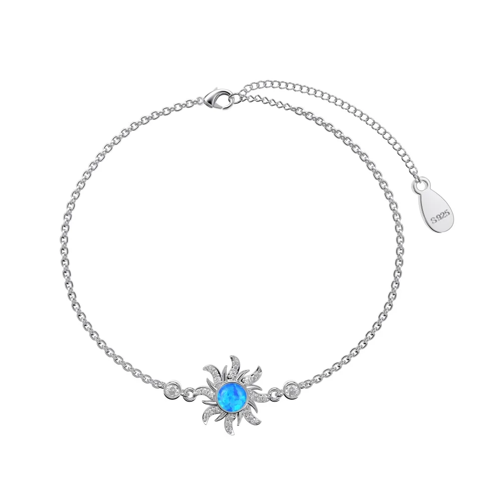 Dylam New Arrival S925 Silver Rhodium 18K Gold Plated Link Chain Dainty Sun Shape Synthetic Opal Stone Bracelets for Women