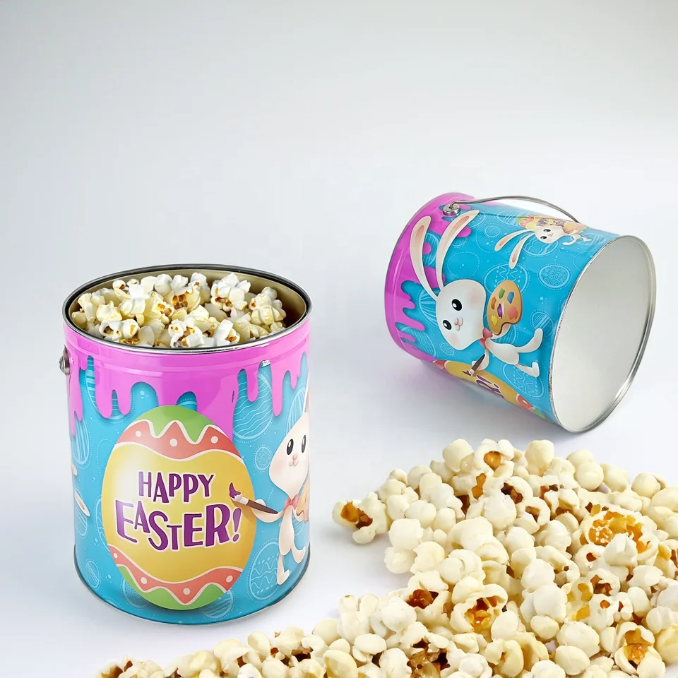 factory metal food grade 1gallon round custom  popcorn tin cookies tin food  tin metal buckets container with handle