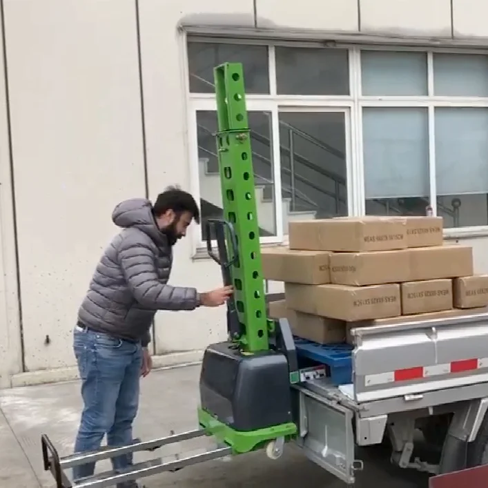 Electric powered self loading stacker for alternative solution to truck ramp and hydraulic pallet truck