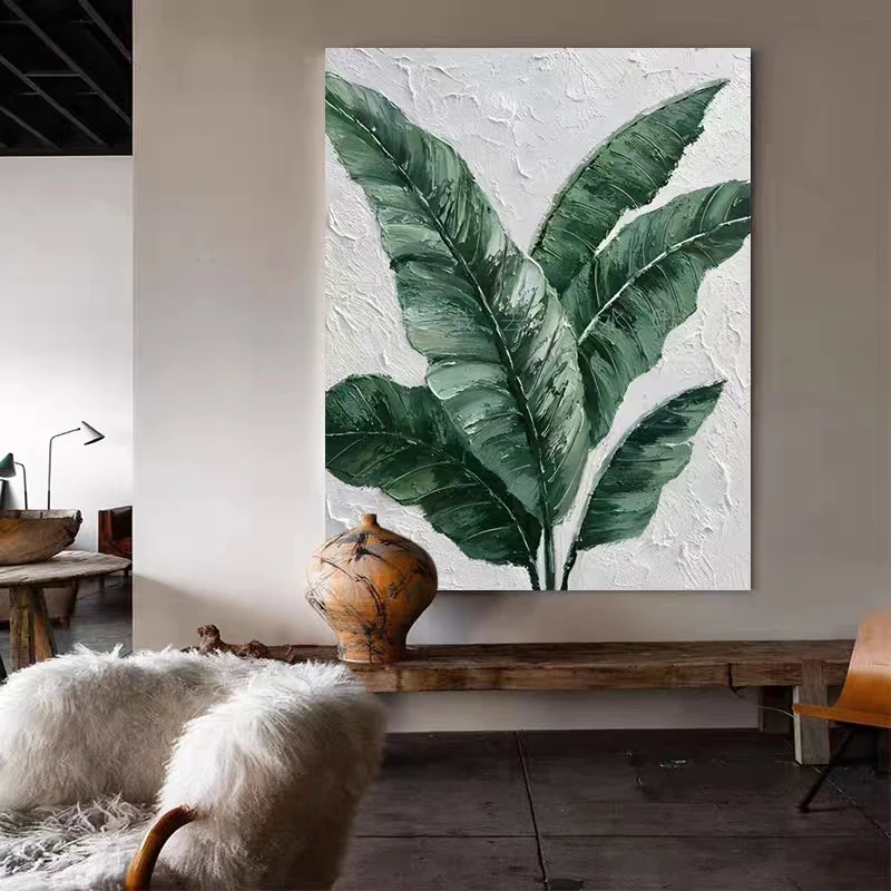 Pure hand-painted Minimalist Modern Tropical Plants Leaves Canvas Painting Wall Picture for Wall Decor