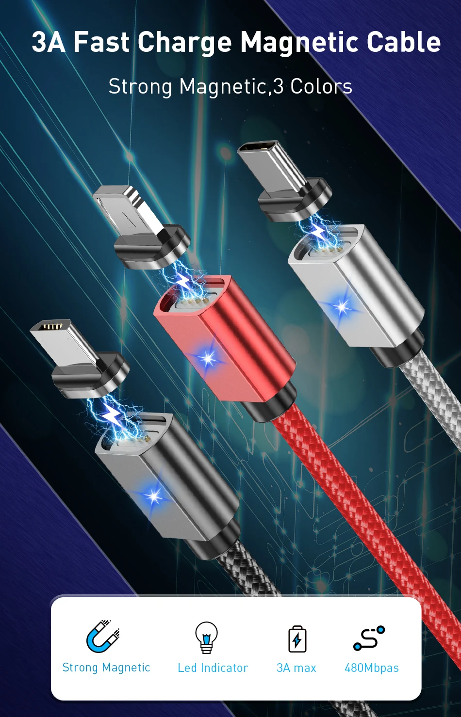  Магнитный кабель для быстрой зарядки Glory Mark 3 в 1 плетеный нейлоновый Micro Usb 3A Быстрая зарядка Передача данных