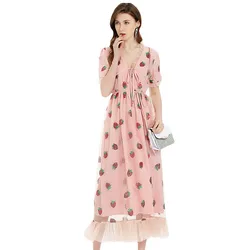 Fashion Deep V Neck Tie Bust Ruffle Tulle Decoration Shining Strawberry Women Office Uniform Style Casual Pakistani Bright Dress