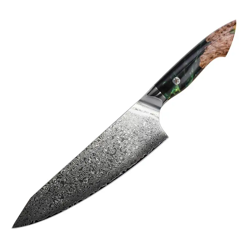 New Arrival Cuchillos De Cocina 8 Inch Forged Kitchen Aus-10 Damascus Steel Chef Knife With Resin Stabilized Wood Handle