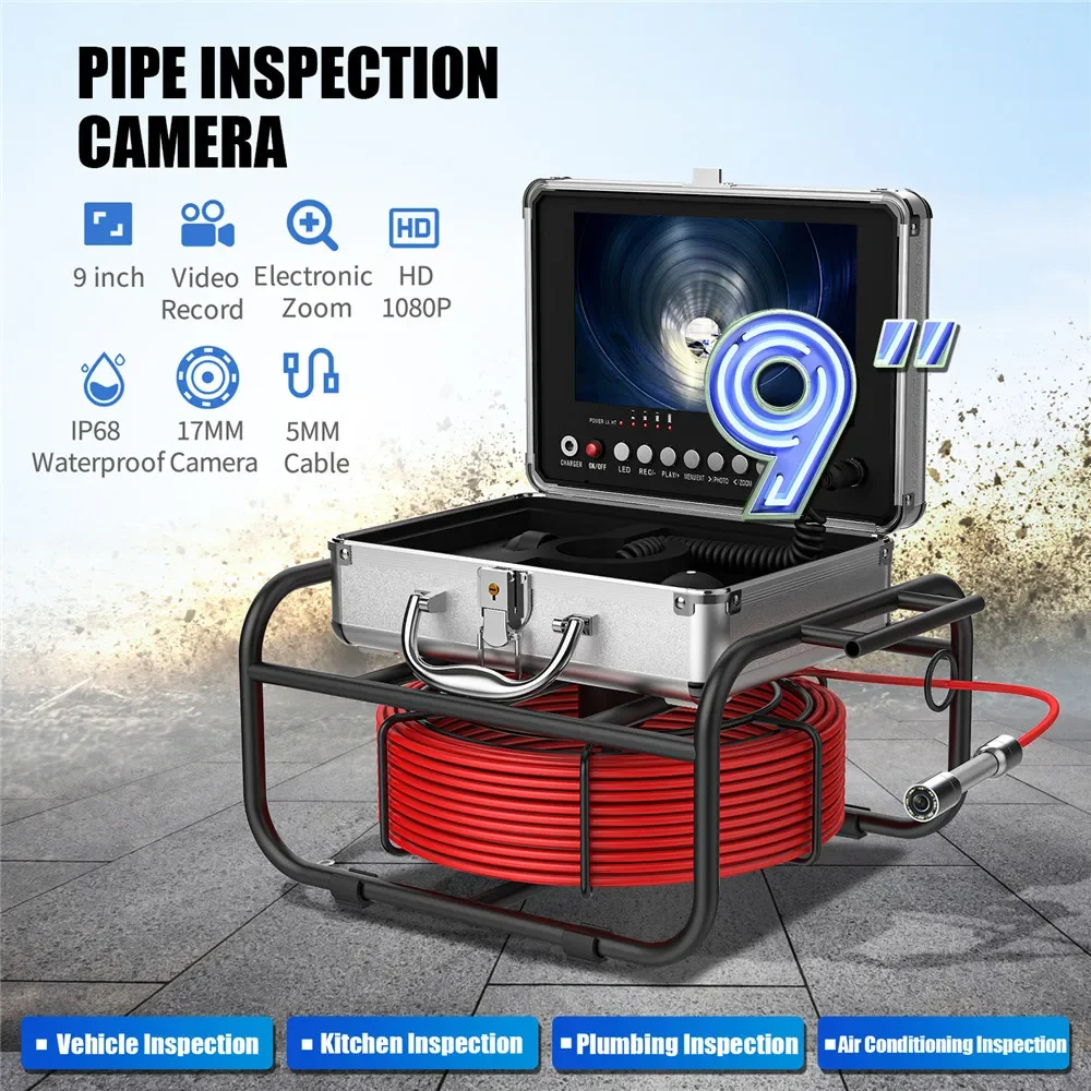 20M 30M 40M 50M Cable Pipe Inspection Camera IP68 Drain Sewer Pipeline Endoscope DVR 9 Monitor