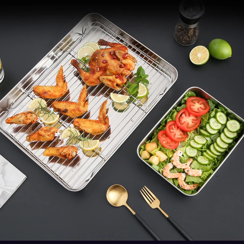 Rectangular Stainless Steel Toaster Cookware Baking Roasting Cake Oven Pan With Cooling Rack And Lid