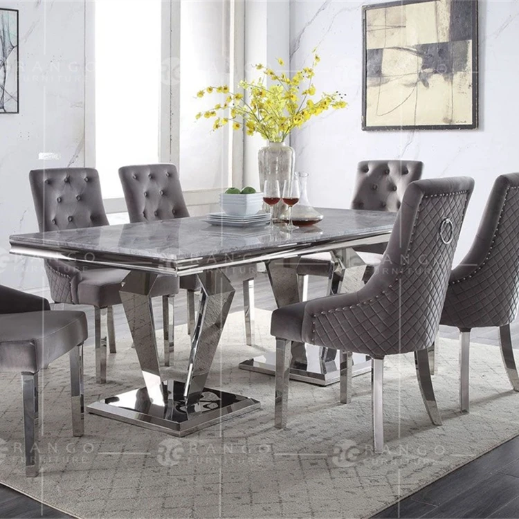 Grey marble top stainless steel dining table and chairs for sale with low price