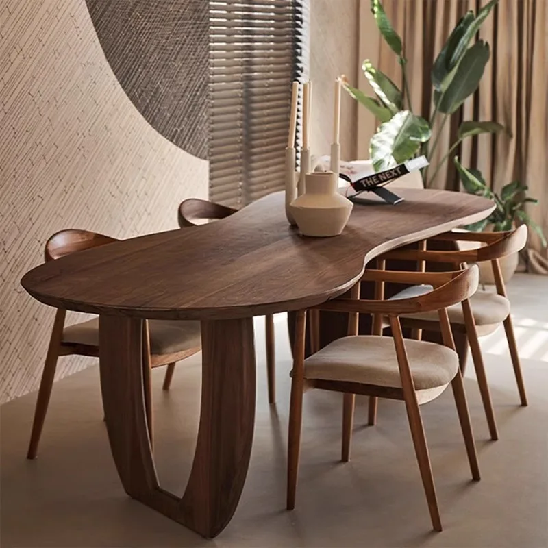 Nordic wabi Sabi black walnut dining table and chair irregular household solid wood oval table negotiation conference table