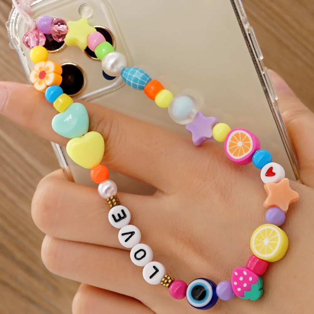 New Colorful Polymer Clay Mobile Phone Strap Lanyard For Women Smile Pearl Soft Pottery Rope Cell Phone Case Hanging Cord