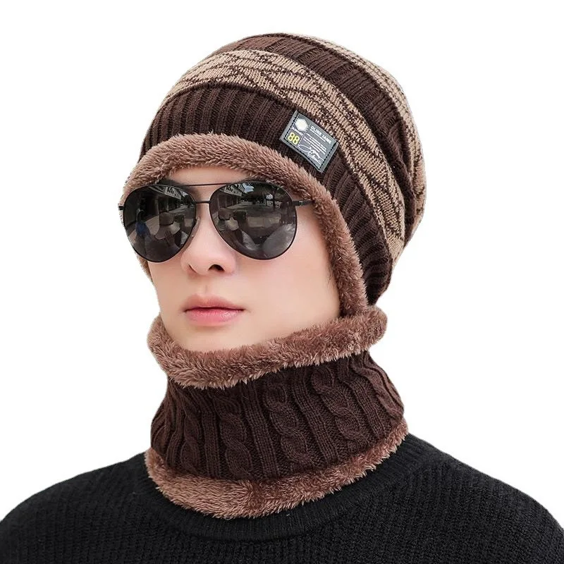 Winter Thicken Wool Ski Hat Warm Hats Neck Warm Wool Hat And Scarf Set Men Beanie Knitted  Scarf Set