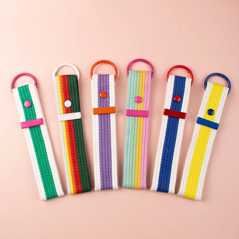 Blank colorful stripes keychain with O spring buckle DIY Korea Keychain Stripe plain luggage tag for suitcase