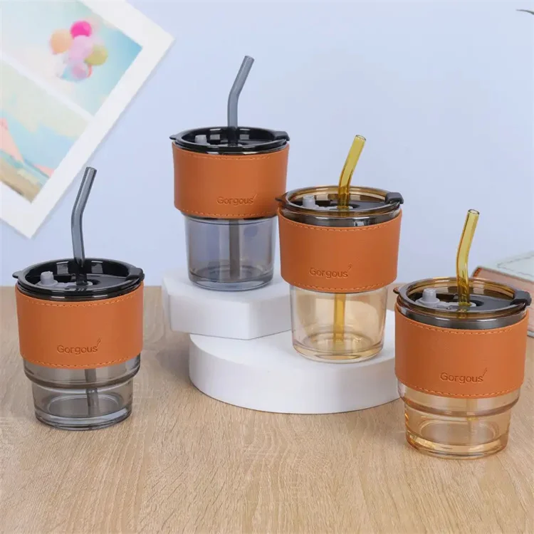Manufacturer sales High borosilicate glass Leather sheath Tea Coffee Cup With Straw And Lid
