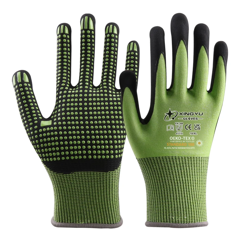 XINGYU EN 388 15 Gauge Nylon Spandex Shell Microfine Foam Nitrile Coated Surface With Nitrile Dots safety work gloves