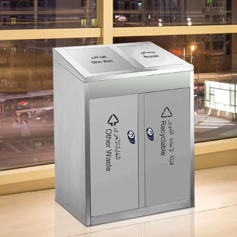 China Supplier Swing Top Double Compartment Garbage Waste Recycle Bin Station Or Airport Metal Bin
