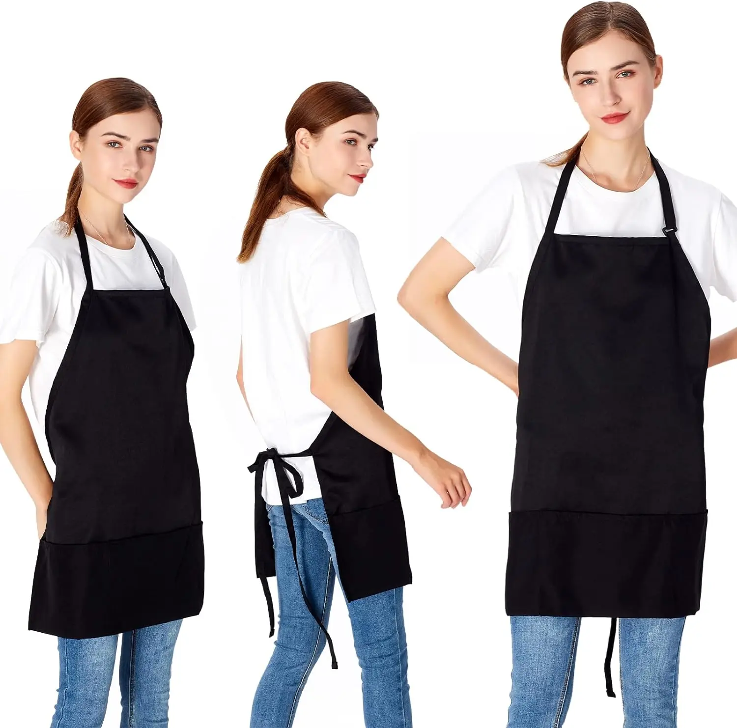 Hot Chef Kitchen Cooking 3 Pocket Adjustable Bibs Men Machine Washable Polyester Black Aprons For Women