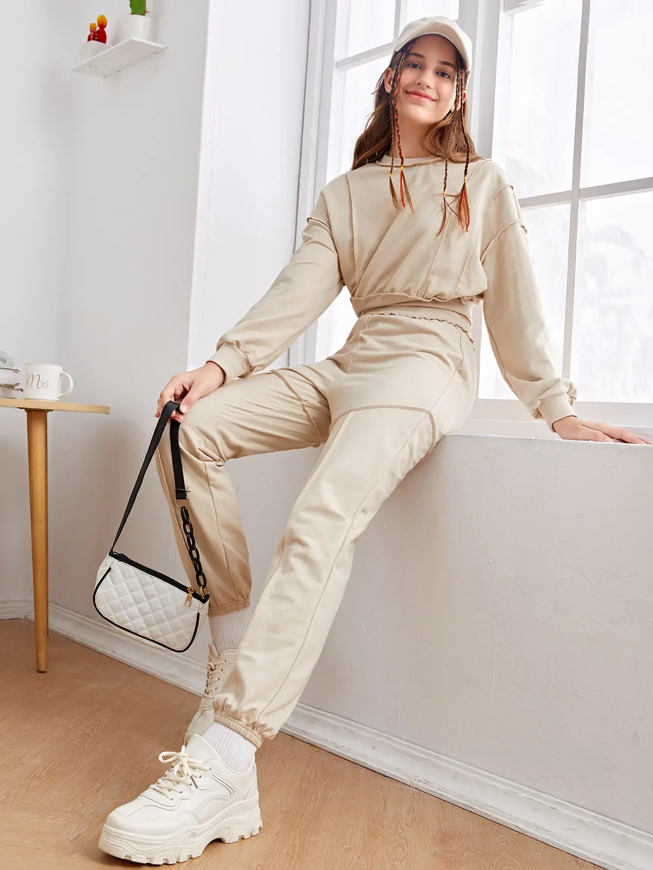 NEW Teen Girls Solid Drop Shoulder Seam Sweatshirt sets,  clothes korean homewear women cotton 2 piece gym set