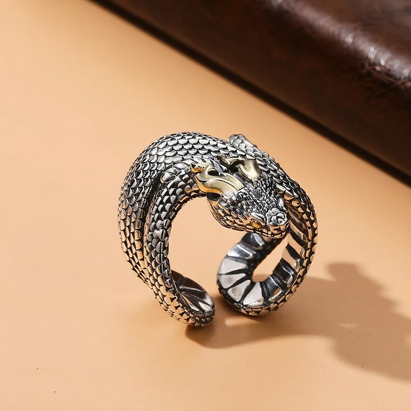 New design Antique silver custom jewelry adjustable Horn Viper snake ring for man