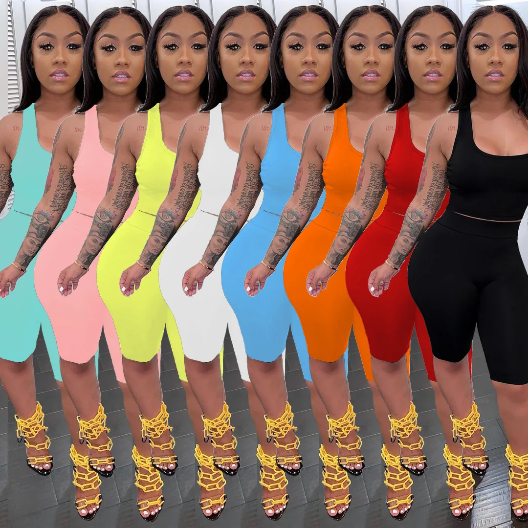 
Женская одежда, однотонная спортивная одежда, топ на бретельках и шорты, костюм из двух предметов 