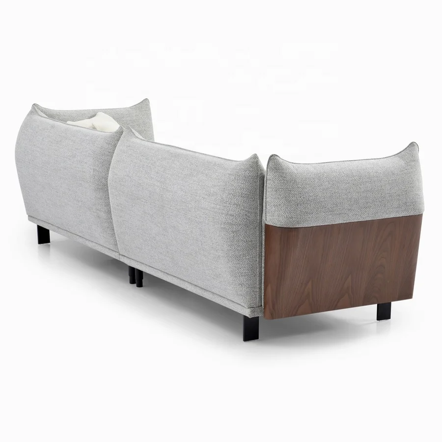 Stylish Design Grey Color Fabric Modern Sectional Villa Sofa with Wooden Armrests
