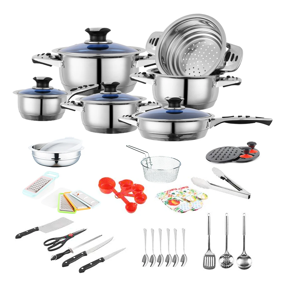 26 32 42 50 70 100 PCS Thermometer Knob Induction Stainless Steel  Cooking Pot And Pans Cookware Set With Kitchen Utensil