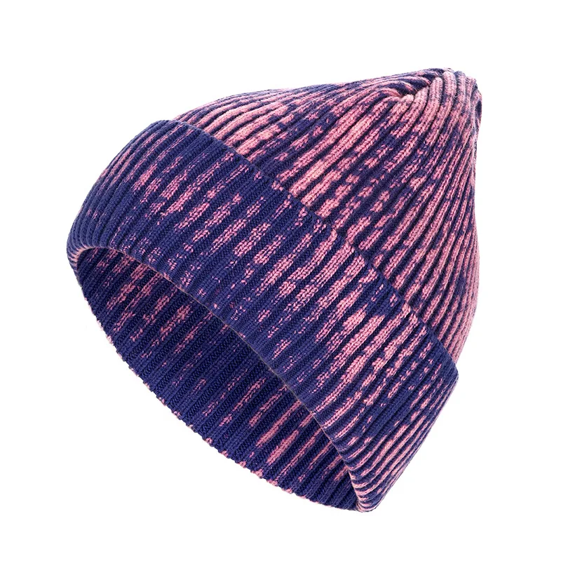 Tie Dye Knitted Pink Purple Hat With Custom Logo Winter Warm Hat Couples Beanie Hat