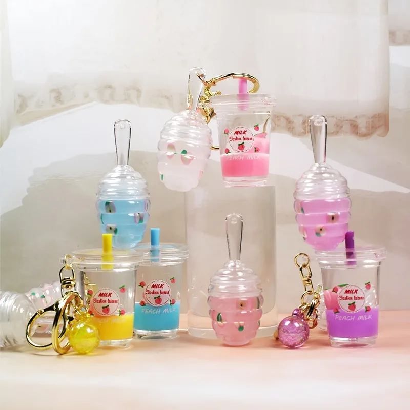 2024 New Cosmetic Milk Tea Shape Honey Lip Oil Lip Gloss Keychain Convenient Portable Lip Gloss For Temporary Makeup