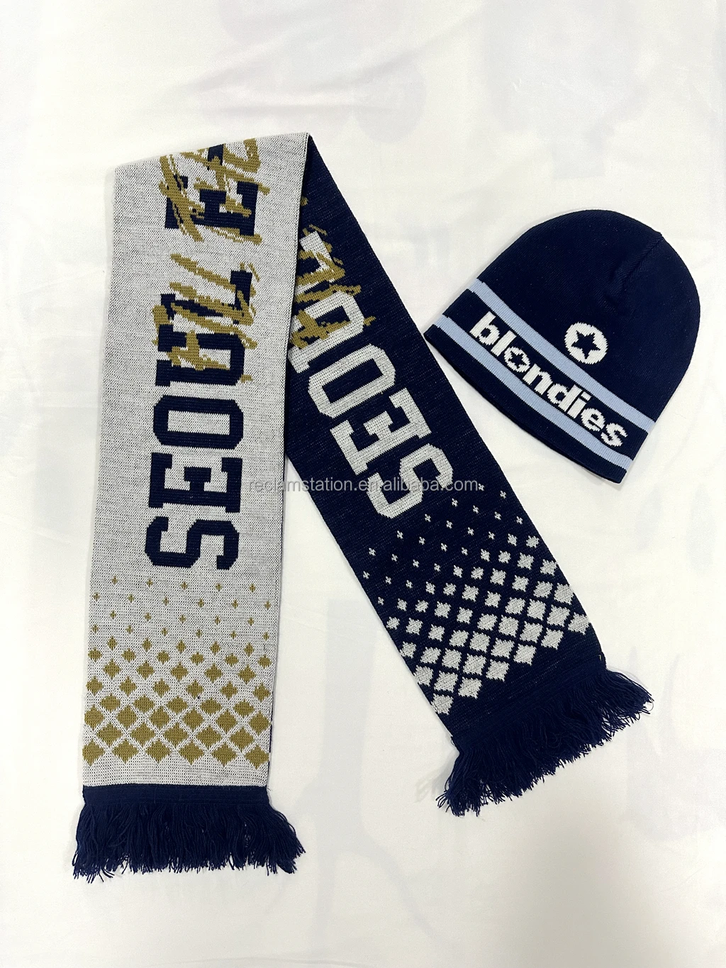 Winter Beanie Hats with  pom pom ball on top and Customized own design trophy star yellow blue Scarf  Set