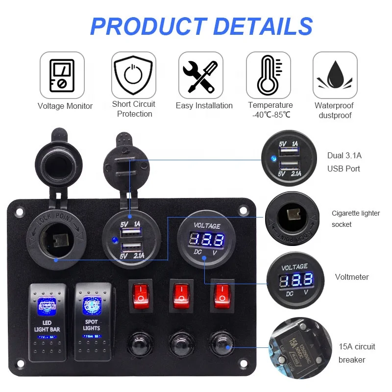 2 Gang Rocker Switch Panel with 3.1A USB Charger Voltmeter 12V-24V DC Rocker Switch 15A circuit breaker button switch