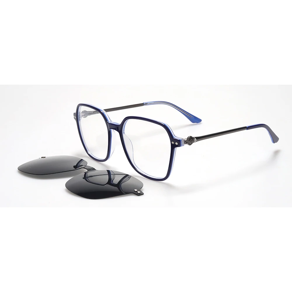 Design Oversize Square Acetate Glasses Frame with Metal Temple Magnetic Clip on Sunglasses Polarized Sun Glasses for Women