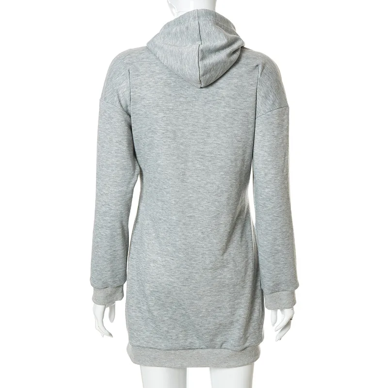 Fall New Products Gray Hoods Dress Sweater Hooded Drawstring Casual Loose Women Short Dress With Hoody