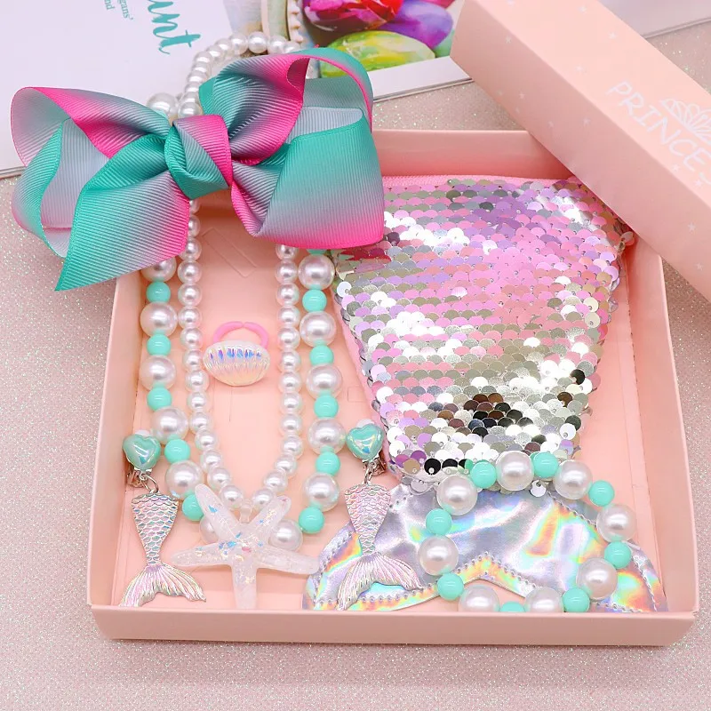 Kids Necklace Bracelet Ring Ear Clip Set Cute Starfish Necklace Girls Jewelry Set