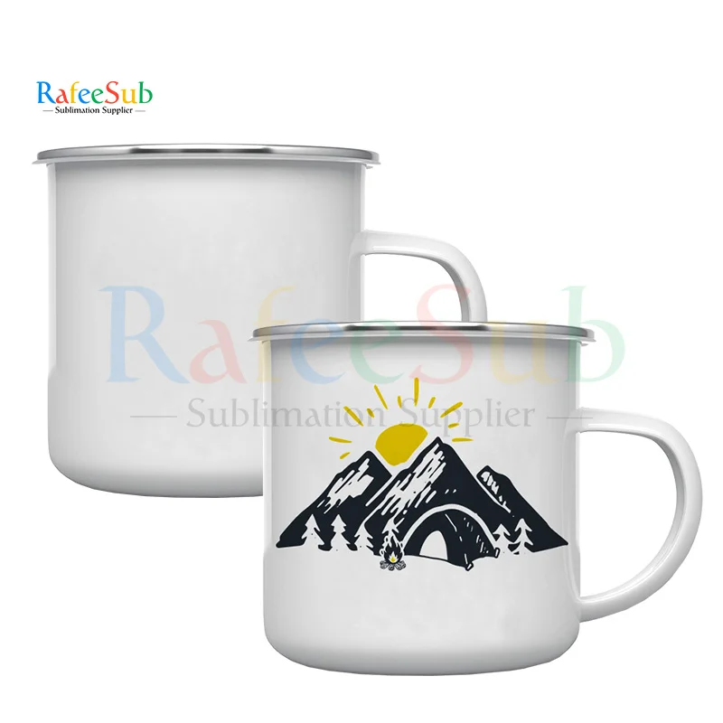 12oz 12 oz Outdoor Camping Drinking Cup Picnic Office HomeCoffee Travel White Blank Sublimation Enamel Mug with Silver Rim