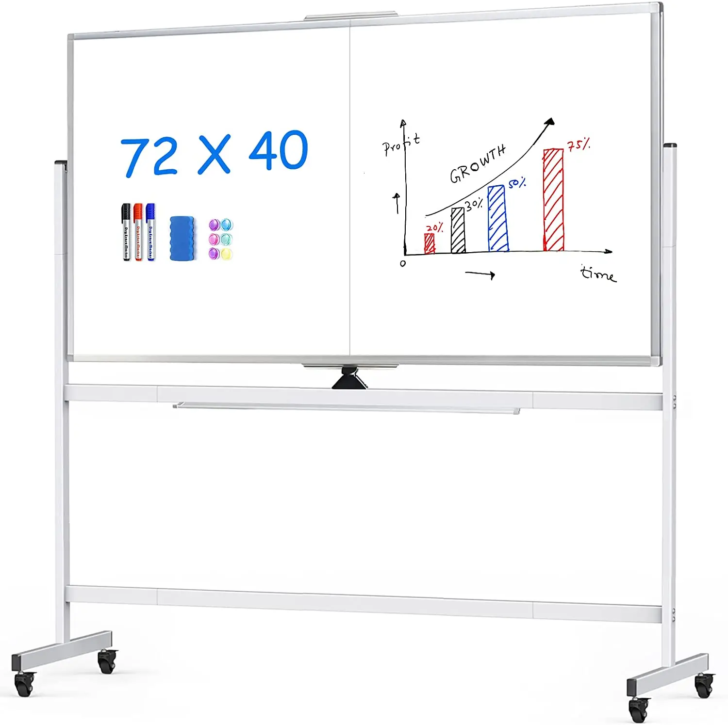 72 x 40 Double Sided Rolling Whiteboard, Mobile Whiteboard Magnetic White Board - Large Reversible Dry Erase Board Easel