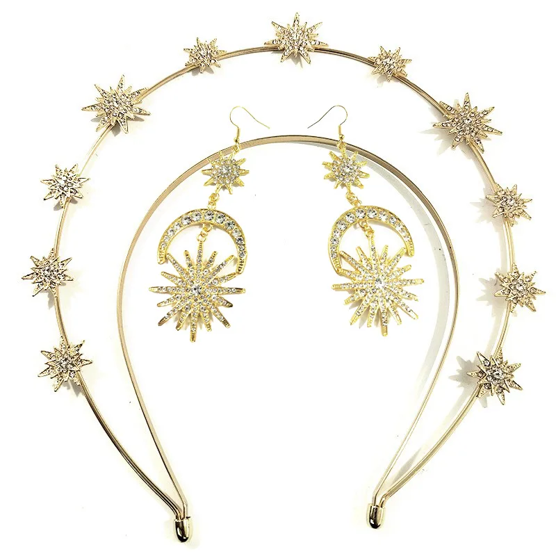 Luxury Baroque Wedding Bridal Headpiece Tiara Crown Exaggerated Sun Moon Star Goddess Rhinestone Headband Drop Earrings Set