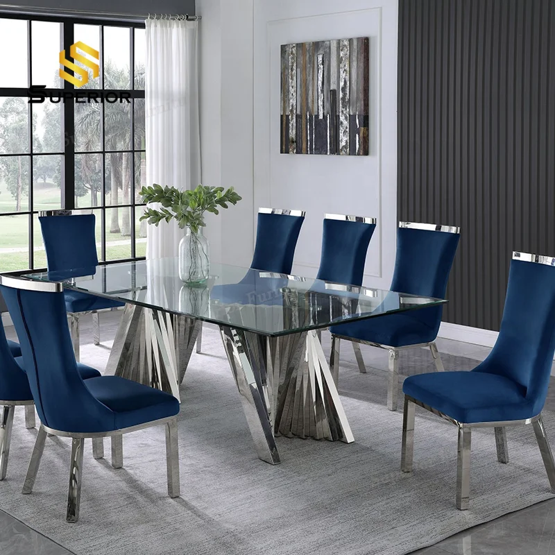 manufacturer  wholesale Interior dining table and chair set modern glass top gold dinning table