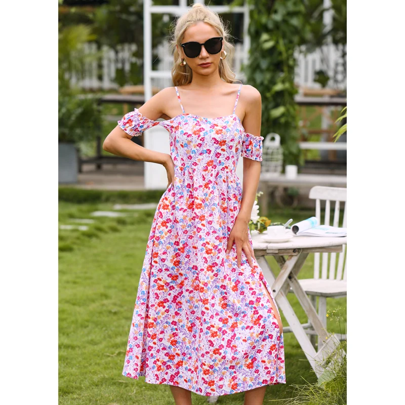 Wholesale sleeveless elegant casual dresses women summer midi print floral casual dresses