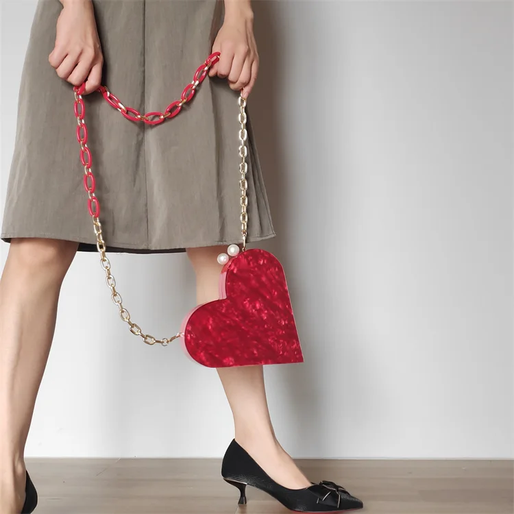 Unique Designer Acrylic Clutch Fashion Cute Red Heart Shape Pearl Chain Party Evening bag Women Shoulder Bags Hot Handbag Purse