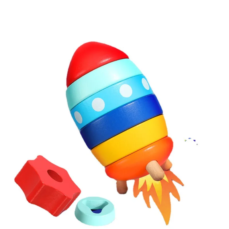Wooden Rocket Toy Space Rocket Shape Sorting Stacking Toys for Toddler