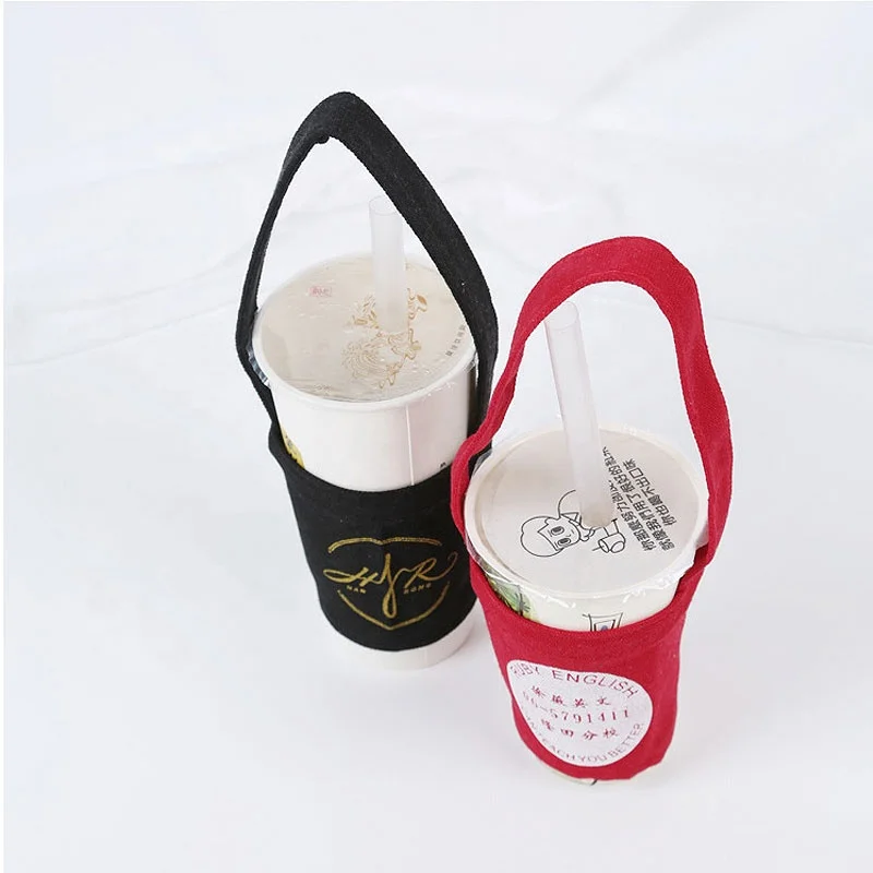 Cotton Canvas Coffee Cup Sleeve Carrier Bag for hot drinks With Handle strap