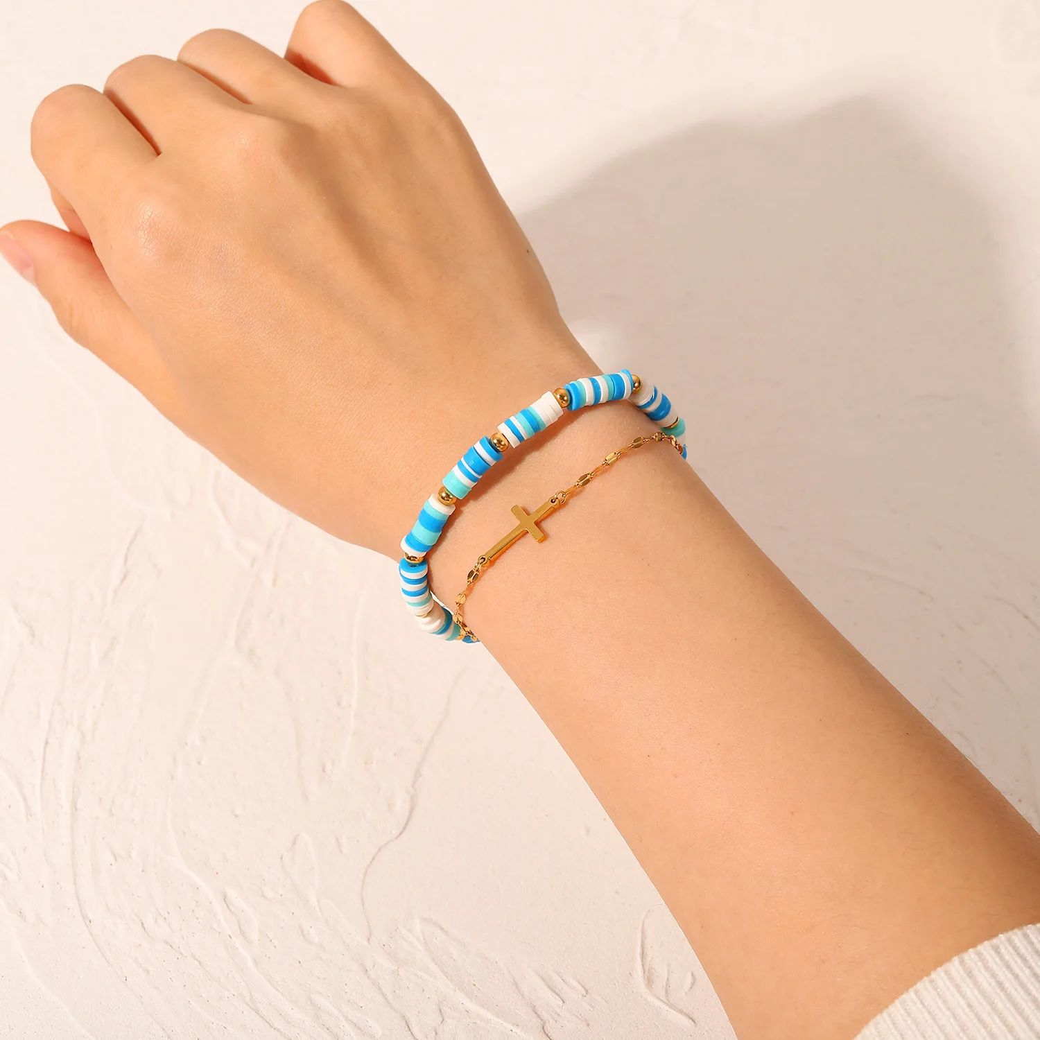 New Fashion 18K Gold Lovely Color Soft Ceramic Pink Blue Colourful  Double Chain Cross Zircon Beads Elements Bracelet For Women