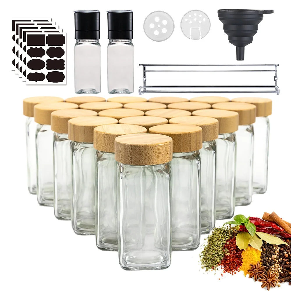 Kitchen Organizer BPA Free Storage Container Salt Shaker Pepper Chili Seasoning Square Bottles Glass Spice Jar Set With Shelf