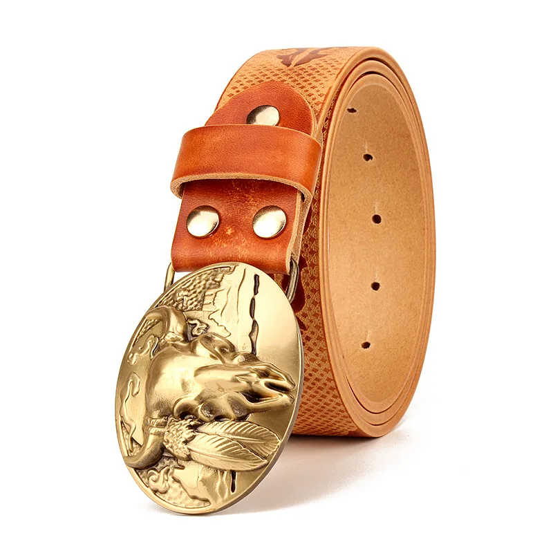 High quality 3.8cm width cow leather solid brass bull head beaded western name plate buckle italian genuine leather belt for men