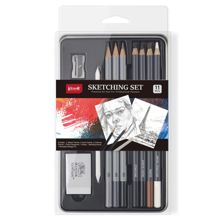 2024 best sale OEM professional sale tin box 12pcs sketch  art suppliers charcoal sketch kit set pen  pencil set